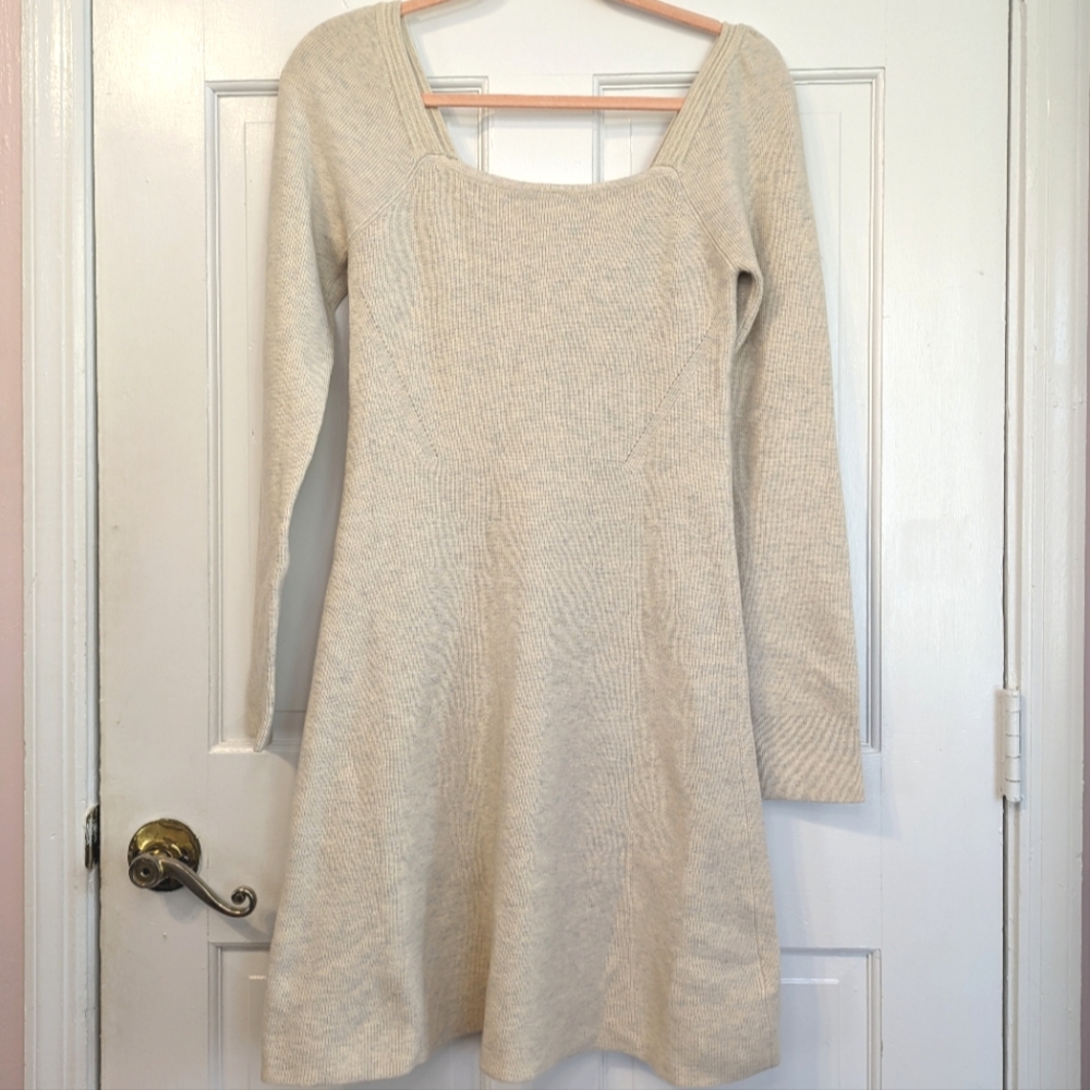 Hem & thread cream heather long sleeve square neck flare midi sweater dress - Picture 1 of 4